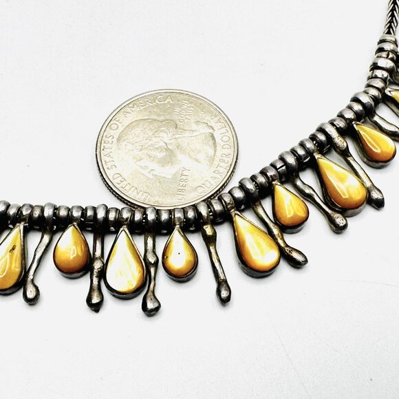 Vintage 1970s-80s Sterling Silver and Golden Mother of Pearl Fringe Bib Necklace - Picture 12 of 12